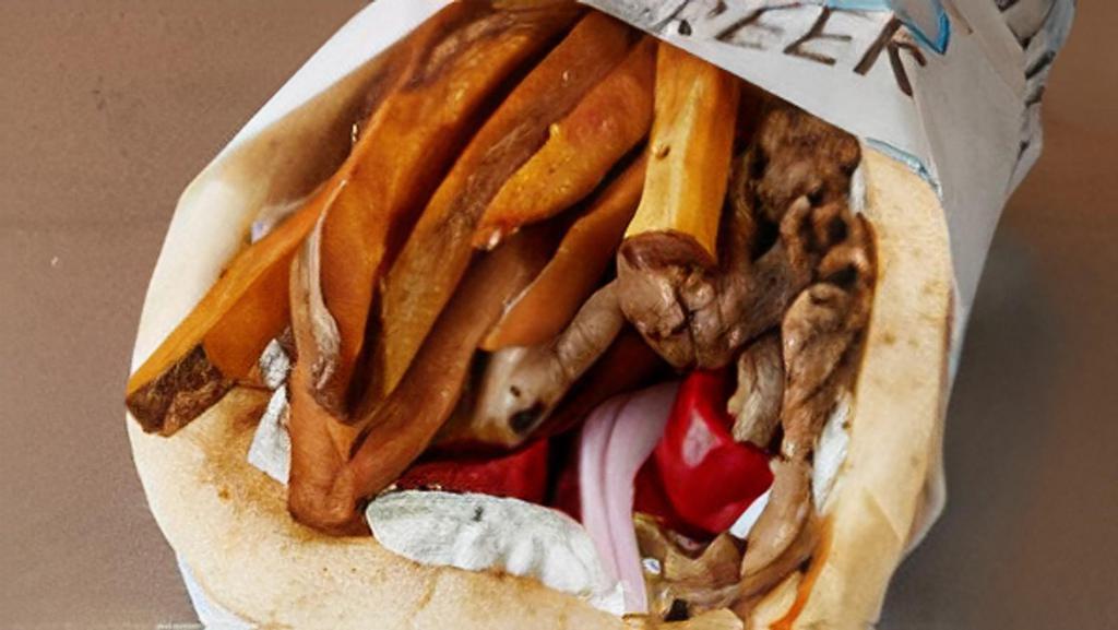 The O.G. Gyro · The O.G Gyro - Traditional Pork, Grape Tomatoes, Red Onions & Homemade Tzatziki and is topped with French Fries.