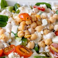 Chickpea Salad · Chickpea Salad - Spinach, Grape Tomatoes, Red Onions, Bell Pepper, Feta Cheese, Cucumbers, C...