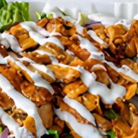 Spicy Chicken Salad · Spicy Chicken Salad - Shredded Romaine,  Traditional Chicken tossed in Buffalo Sauce,, Grape...