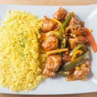 Sweet And Sour Chicken · Battered pieces of chicken and mixed vegetables in our secret sweet and sour sauce served wi...