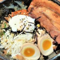 Mazemen · Japanese cold noodle. Sesame sauce, cabbage, scallion, nori, charred corn, bonito flake, poa...