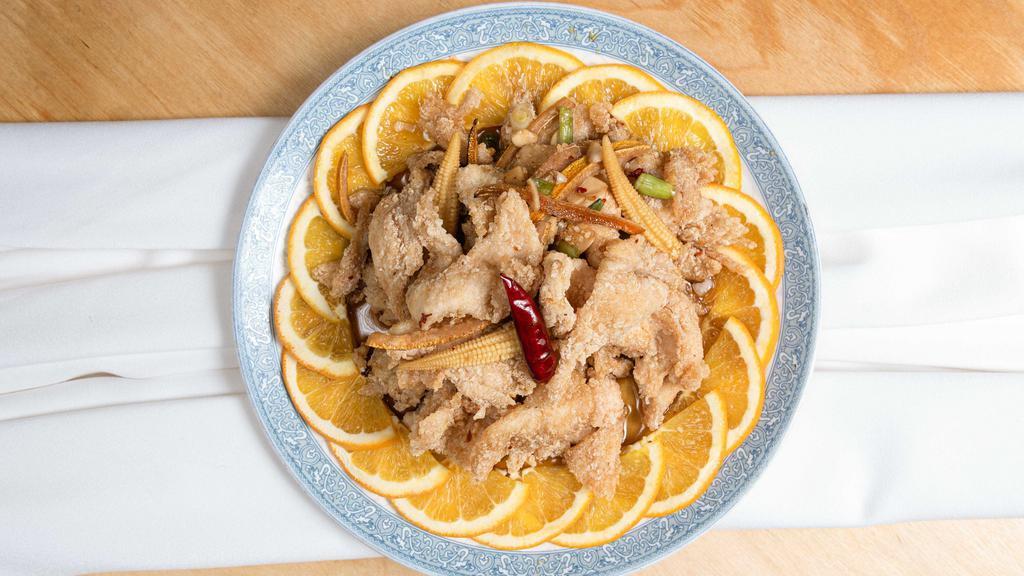 Beef With Orange Flavor · Spicy. Deep fried beef with baby corn in a special orange flavor sauce.