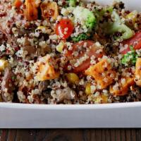 Vegetable Quinoa · Golden & Red Quinoa, broccoli, cherry tomato, corn, wild mushrooms and roasted sweet potato