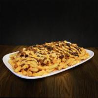 Chili Loaded Fries · Beef chili and black beans on crispy fries topped with pickled jalapeno, red onion, Garlic a...