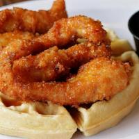 Waffle Chicken · 5 Piece Chicken Fingers and a waffle with Maple syrup