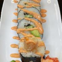 Spider Roll · Tempura kani, avocado, cucumber, topped with spicy mayo