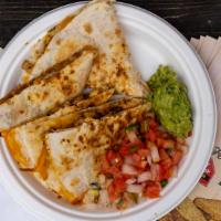 Quesadilla · Folded flour or whole wheat tortilla, with choice f meat, salsa, beans and topped with cheese.