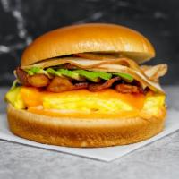 Brioche, Turkey Bacon, Turkey, Avocado, Egg, & Cheddar Sandwich · 2 scrambled eggs, melted Cheddar cheese, crispy turkey bacon, sliced oven roasted turkey, av...