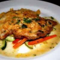 Chicken Francese · Mashed potato, mixed vegetables.