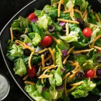 Garden Salad · Lettuce, cheddar, grape tomatoes, red onions, green peppers & black olives. Small serves up ...
