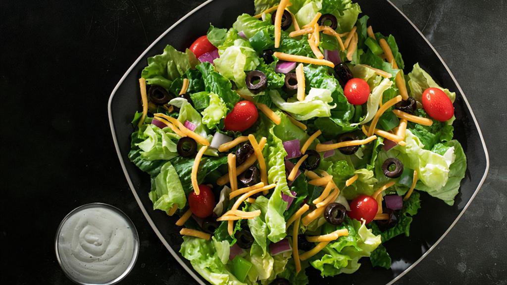 Garden Salad · Lettuce, cheddar, grape tomatoes, red onions, green peppers & black olives. Small serves up to 2. Medium serves up to 3. Party size serves up to 15.