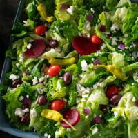 Greek Salad · Lettuce, feta, beets, grape tomatoes, Greek olives, red onions & pepperoncini. Small serves ...