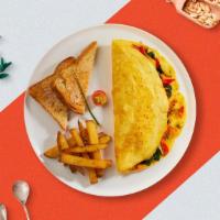 Cheesy Veggie Omeltte · Eggs cooked with mixed veggies as an omellete. Served with your choice of cheese and bread.