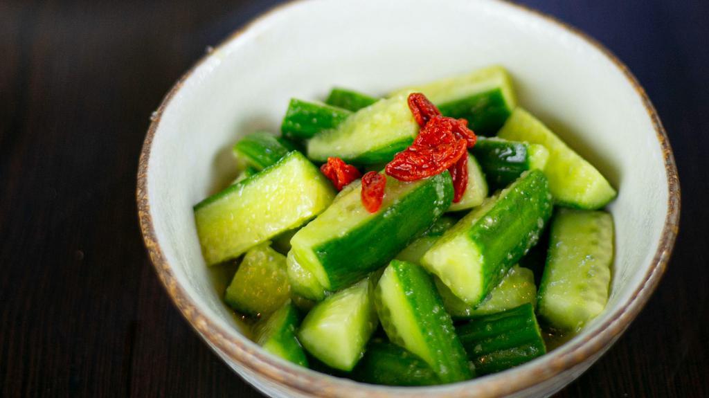 Cucumber Salad · diced cucumber with house made garlic dressing   GF V    . 蒜泥黄瓜