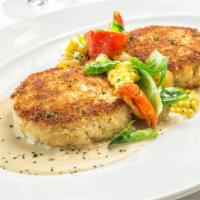 Crab Cakes · Brussels Sprouts, Corn, Tomatoes, Fingerlings, Mustard Cream