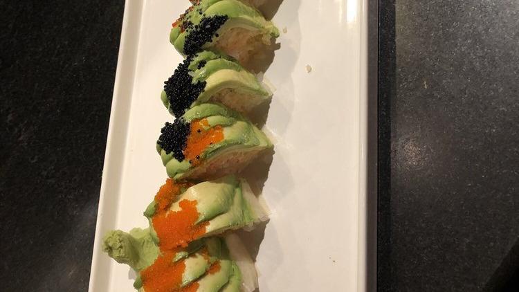 Crazy Friday Roll · Shrimp tempura and lobster salad inside, topped with avocado, soy paper, and colorful fish roe.