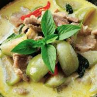 2 Green Curry Dinner · Green curry paste in coconut milk with eggplants, green beans, bamboo shoots, bell peppers a...