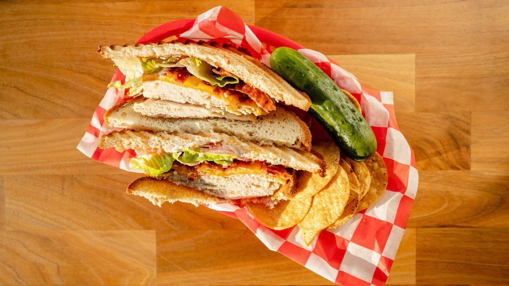 Turkey Club · Turkey, bacon, cheddar, lettuce, tomato & mayo.