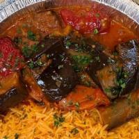 Moroccan Eggplant  Platter · Roasted eggplant, green & red peppers, all. marinated in olive oil, fresh garlic, spices & t...
