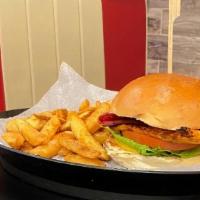 Honey Mustard Chicken Sandwich · Something on the Simpler Side, Honey mustard, bacon, lettuce & tomatoes.