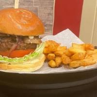 Prime Burger · Served with sautéed mushrooms, caramelized onions, crumbled blue. cheese, A1 steak sauce, le...