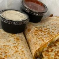 Veggie Quesadilla · Mixed Grilled veggies with sautéed onions, peppers & melted cheese. Served with a side of so...