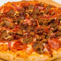 Vegan Meaty Pizza (V)
 · Vegan mozzarella cheese with vegan marinara, vegan ham, vegan sausage and vegan bacon.