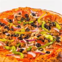 Vegan Supreme Pizza (V)
 · Vegan mozzarella cheese with marinara, vegan ham, vegan bacon, vegan sausage , mushrooms, be...