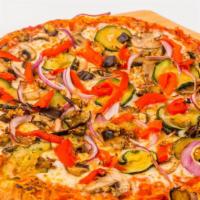 Vegan Roasted Veggie Pizza (V) · Vegan mozzarella with roasted eggplant, roasted zucchini, mushroom, garlic, and roasted red ...
