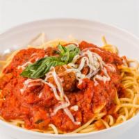 Vegan Spaghetti (V) · Spaghetti with marinara, and melted vegan cheese.