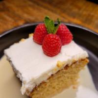 Tres Leches · Rich sponge cake soaked in a sweet milk creamy sauce