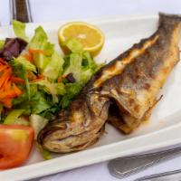 Imported Mediterranean Sea Bass (Branzino) · Akdeniz levregi. Exotic flaky, white sweet meat, ordered as a whole.