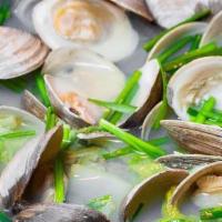 Clam Soup · Fresh shellfish with clear soup hinted with a kick of jalapeños.