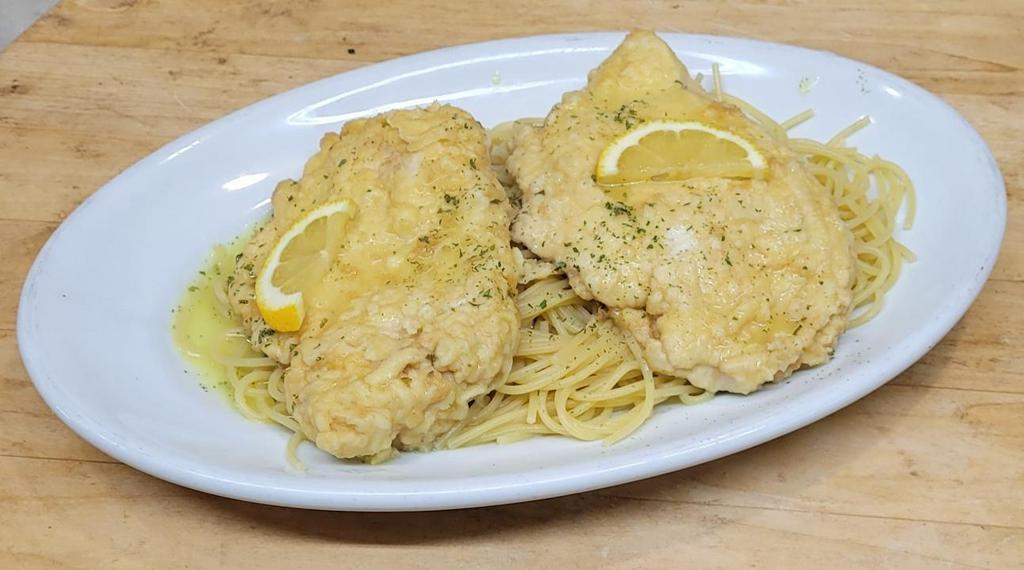 Chicken Francese · Sauteed in White Wine and Butter Sauce. Served with Pasta or Sauteed Vegetable and Garlic Bread.