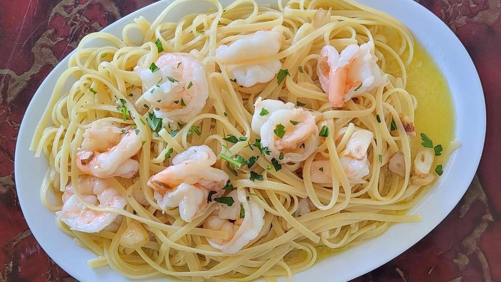 Shrimp Scampi · Sauteed with Garlic, a White Wine Lemon Butter Sauce. Served with Pasta or Sauteed Vegetable or Side Salad and Garlic Bread.