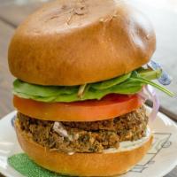 Bison Meatball Burger · 100% organic.  Locally farmed buffalo. Served on a bun with baby greens, sprouts, onions, to...