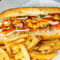 Philly Cheese Steak · mix peppers, onions, lettuce, tomato, mozzarella n cheddar cheese, mayo.