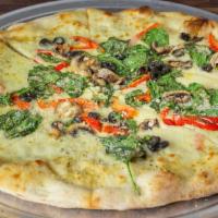 Alana'S Veggie · Spinach, mushrooms, onion, peppers, olives, mozzarella cheese, and extra virgin olive oil