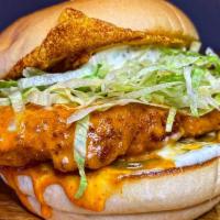 Buffalo Fried Chicken · Fried Chicken Breast, House Buffalo Sauce, American Cheese, Lettuce, Pickles, Ranch Dressing