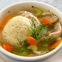 Matzo Ball Soup · Arrives cold.  Our traditional recipe includes chicken broth made from scratch, vegetables a...