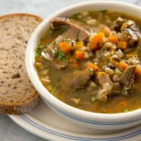 Mushroom Barley · Arrives cold. This soup is rich with savory flavors from the variety of mushrooms and delici...