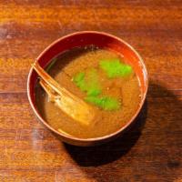 Botan Miso Soup · Miso soup made with the head of botan shrimp, rich flavor similar to shrimp bisque