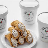 Benvenuti Party Kit (3 Pints + 12 Mini Cannolis) · 3 pints your choice plus 12 Mini Cannolis.
Includes cups, spoons & home made waffle wedges. ...