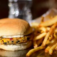 Combo Southwestern Veggie Burger 7 · A melody of corn, black beans, roasted red peppers, onions, cilantro, brown rice and a tangy...