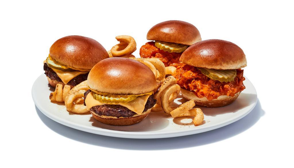 Slider Combo · Mix and match, two burger and two buffalo chicken sliders served with curly fries. 1150 cal., sauce adds 0-190 cal.