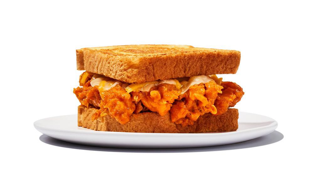 Chicken Strip Sandwich · Chicken strips tossed with your choice of wing sauce, topped with cheddar and provolone cheese served on toasted Texas toast. 920-1300 cal