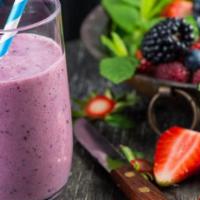 Triple Berry Sensation Smoothie · Refreshing blend of blueberry, strawberry, blackberry, frozen yogurt, and orange juice.