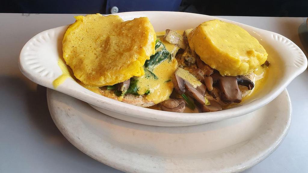 Eggs Michelle · Spinach, Mushrooms & Vegan eggs on English muffin, Smothered with Vegan Hollandaise sauce.