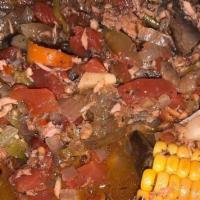 Soup Sundays · (Large)Ethiopian Fish Soup Served With Black Beans & Rice, Side Salad & Veggie Pholourie