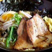 Miso Ramen · Wavy noodles in the pork broth pork chashu, beans sprouts, spinach, carrot, cabbage, scallio...